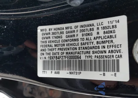 2015 Honda Civic Hybrid z USA, uszkodzony, nr VIN 19XFB4F27FE000064